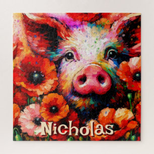 Puzzle Fleurs de cochon rouge impressionniste Personnalis