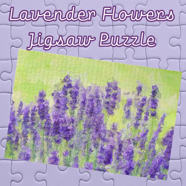 Puzzle Fleurs de lavande violette Aquarelle Florale (Lavender Flowers in a field Impressionist art Jigsaw Puzzle. Fun for family game night.)