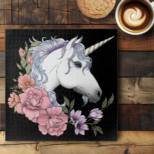Puzzle Fleurs de licorne blanche enchantée rose noir