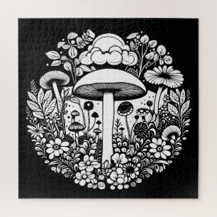 Puzzle Fleurs et champignons noirs et blancs Vintages