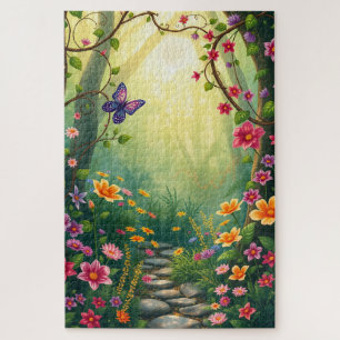 Puzzle Fleurs et papillon dans une forêt tropicale enchan