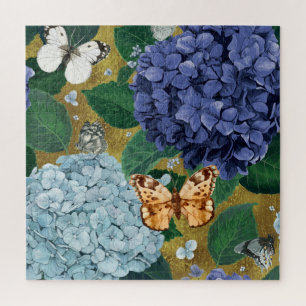 Puzzle Fleurs et papillons bleu Hydrangea