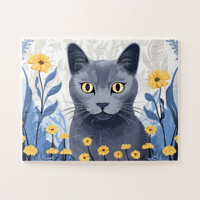 Puzzle Fleurs Jaunes Chat Bleu Russe (Horizontal)