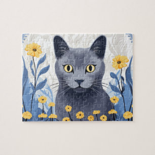 Puzzle Fleurs Jaunes Chat Bleu Russe