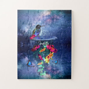 Puzzle Fleurs tropicales, colibri, papillon et étoiles