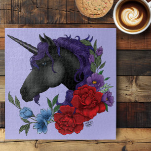 Puzzle Fleurs Unicorne Noire violet