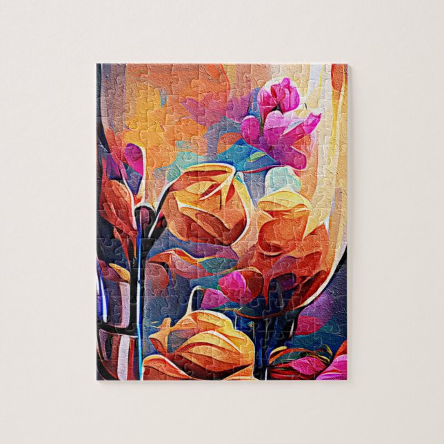 Puzzle Floral Abstract Art Orange Red Blue Flowers (Vertical)