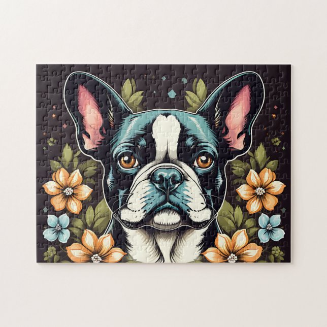 Puzzle Floral Boston Terrier (Horizontal)