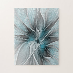 Puzzle Floral Fractal Moderne Fleur Abstrait gris bleu