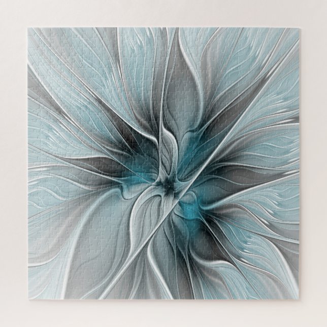 Puzzle Floral Fractal Moderne Fleur Abstrait gris bleu (Vertical)