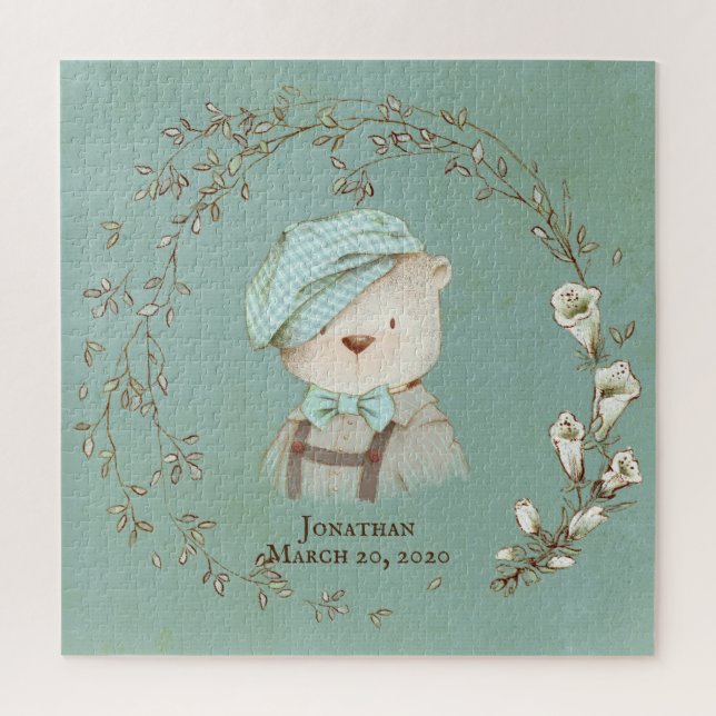 Puzzle Floral Teddy Bear Nom du Casquette Faire-part de n (Vertical)