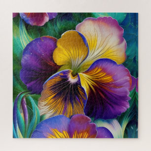 Puzzle Floral violet et or pansé bleu feuille vert
