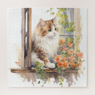 Puzzle Fluffy Chat Ferme Fenêtre Orange Floral Peinture