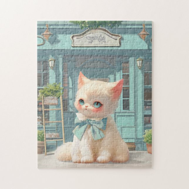 Puzzle Fluffy Kitten avec Blue Bow à la pâtisserie (Vertical)