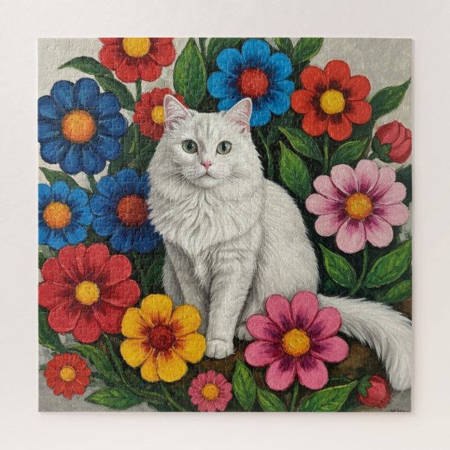 Puzzle Fluffy White Cat and Folk Art Flowers (Vertical)