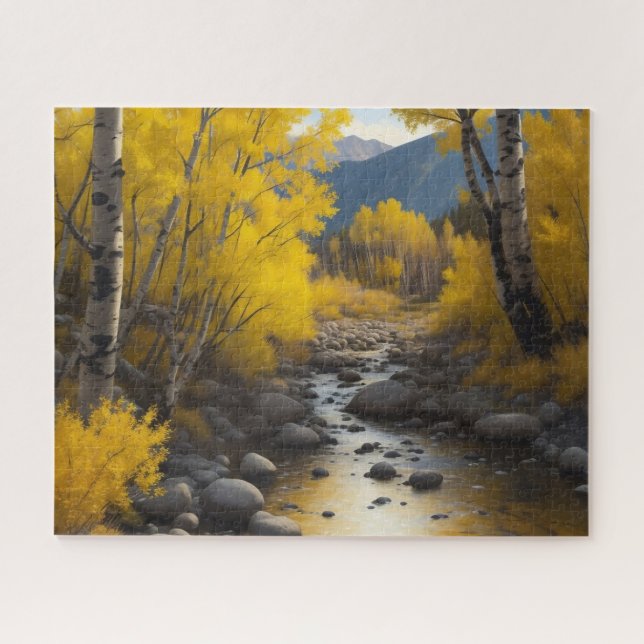 Puzzle Flux Rocheux Avec Peinture D'Arbres D'Aspen Or (Horizontal)