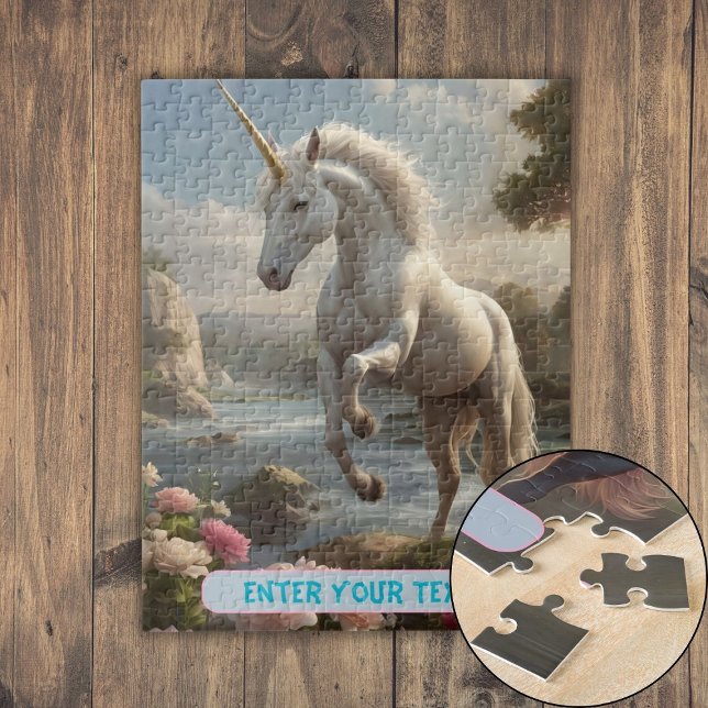 Puzzle Flux Unicorne Blanc Personnalisé (Personalized White Unicorn Flower Stream Jigsaw Puzzle)