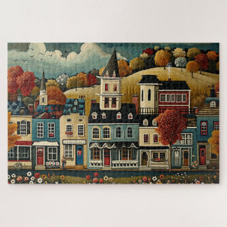 Puzzle Folk Art rue de petite ville en automne