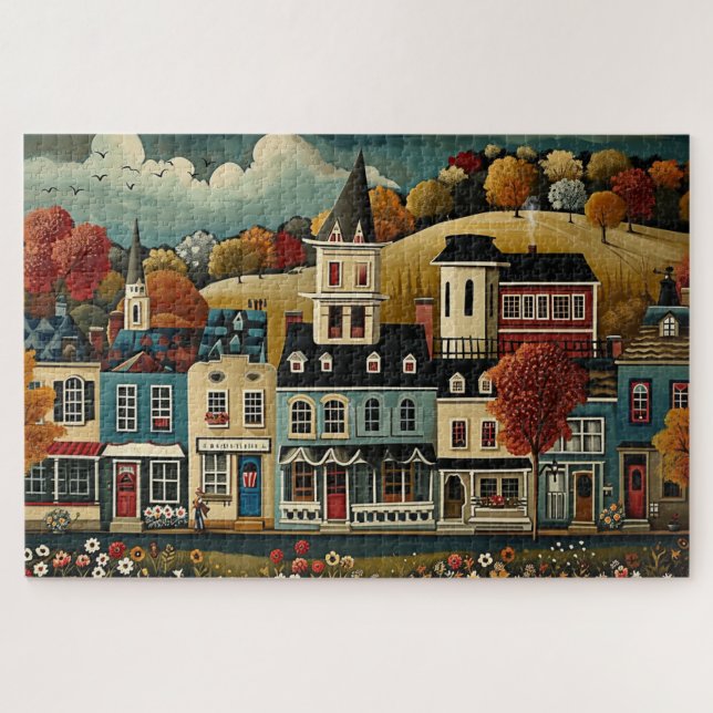 Puzzle Folk Art rue de petite ville en automne (Horizontal)