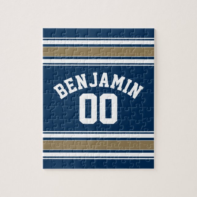 Puzzle Football Jersey Navy Blue Gold Stripes Nom Numéro (Vertical)