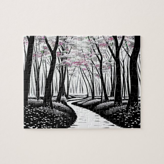 Puzzle Forêt de silhouette noire et blanche de Feuilles v (Horizontal)