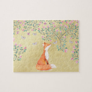 Puzzle Fox avec des papillons et des fleurs roses