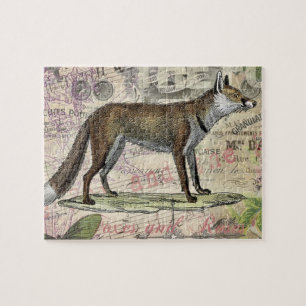 Puzzle Fox Wildlife Collage Vintage Illustration