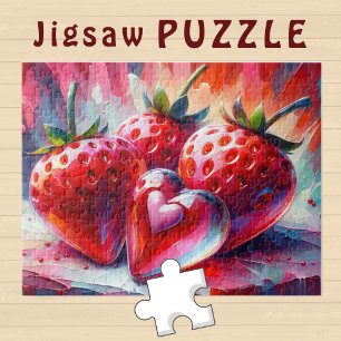 Puzzle Fraises rouges avec peinture de cœur en verre - 