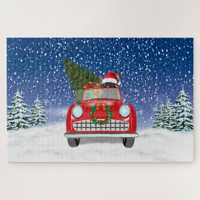 Puzzle Français Bulldog Driving Car En Noël De Neige (Horizontal)