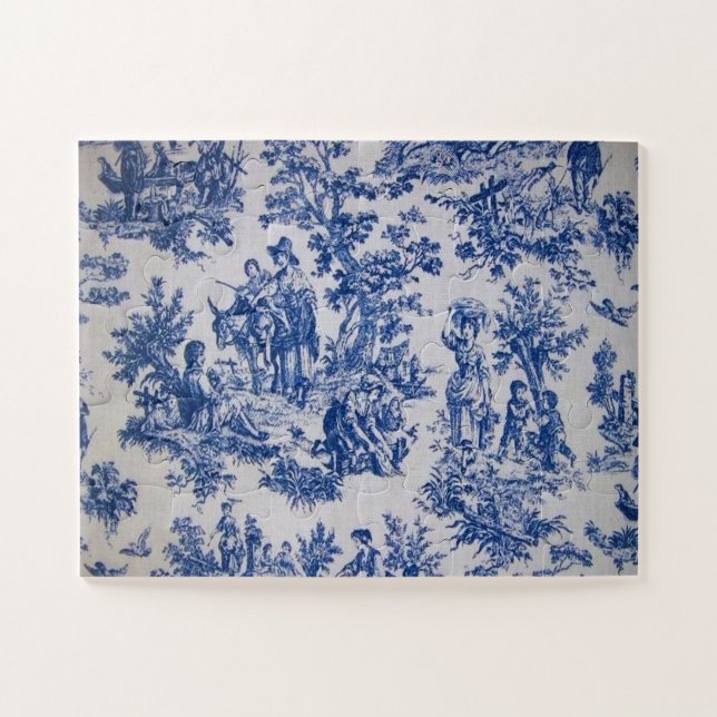 Puzzle Française toile de jouy bleu et blanc élégant (Horizontal)