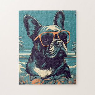 Puzzle French Bulldog avec lunettes de soleil sur une pla