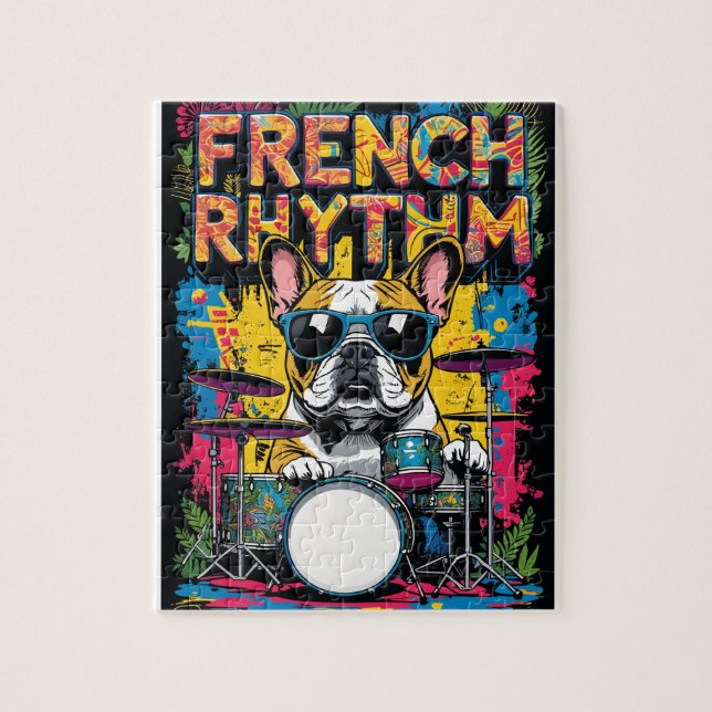 Puzzle French Bulldog Playing Drums (Vertical)