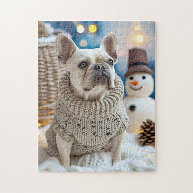 Puzzle Frenchie avec bonhomme de neige Noël (Vertical)