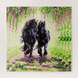 Puzzle Friesian black stallion and mare with wisteria