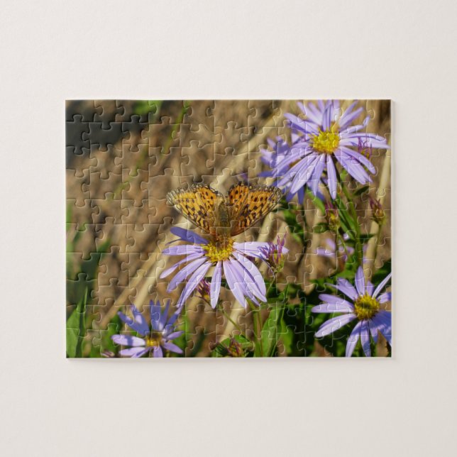 Puzzle Fritillaire Hydaspe sur Fleurs d'Aster Violet (Horizontal)