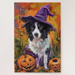 Puzzle Frontière éffrayante Collie Halloween Sorcière Et