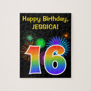 Puzzle Fun Fireworks + Rainbow Motif "16" Anniversaire #