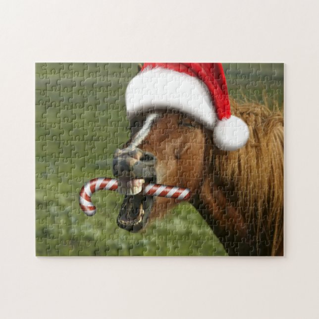 Puzzle Funny Christmas horse with Santa a smiling (Horizontal)