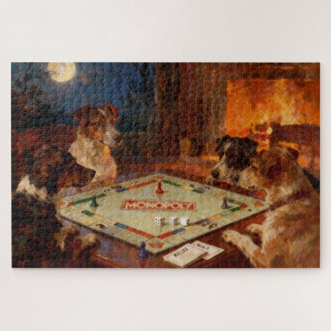 Puzzle Funny Cute Dogs Playing A Board Game (Horizontal)