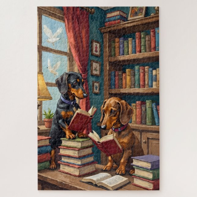 Puzzle Funny Dachshund Bookstore Reading Dog Lover Art (Vertical)