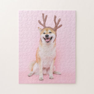 Puzzle funny shiba inu wearing christmas deer costume