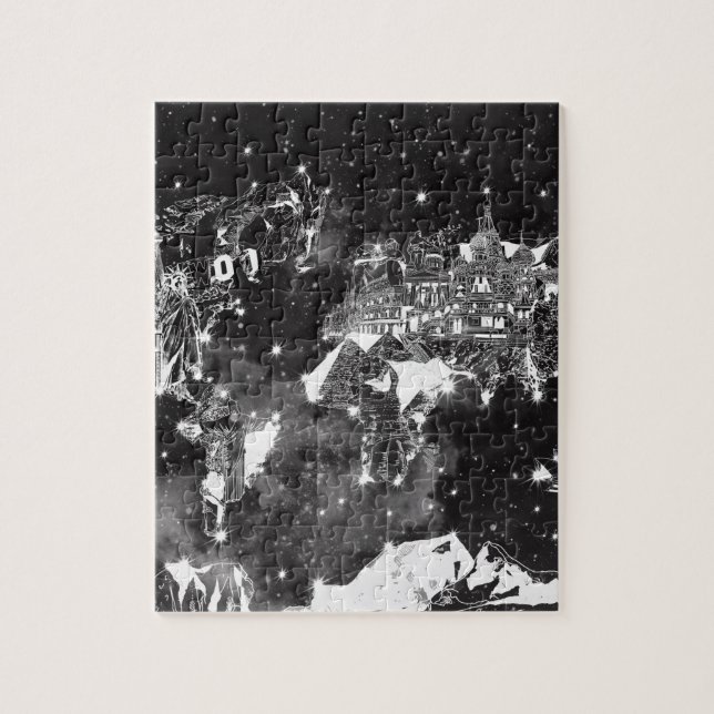 Puzzle galaxie de carte du monde noire et blanche (Vertical)