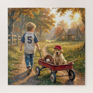Puzzle Garçon avec wagon rouge et chiot retriever doré