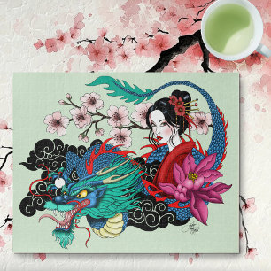 Puzzle Géisha asiatique dragon fleurs de cerisier bleu