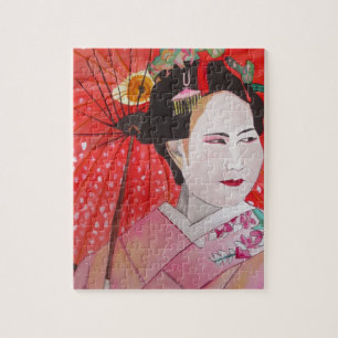 Puzzle Geisha avec parapluie rouge peinture d'art origina
