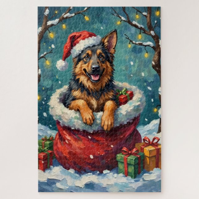 Puzzle German Shepherd Christmas Santa Bag Adventure (Vertical)