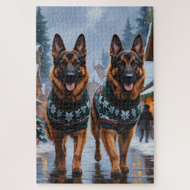 Puzzle German Shepherd Dogs Christmas Snow Holiday (Vertical)