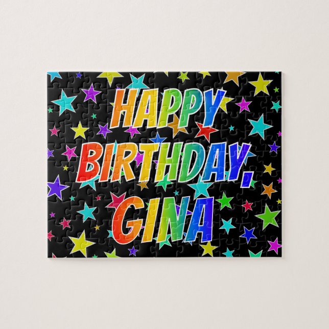 Puzzle "GINA" Prénom, Amusant "HEUREUX ANNIVERSAIRE" (Horizontal)