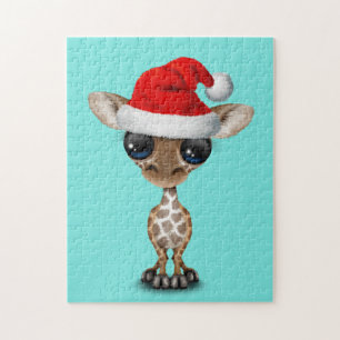 Puzzle Girafe de bébé utilisant un casquette de Père Noël
