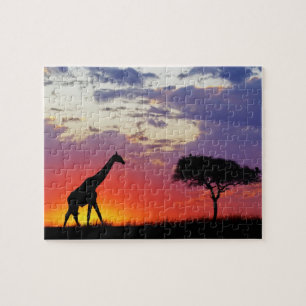 Puzzle Girafe en silhouette au lever du soleil, Giraffa